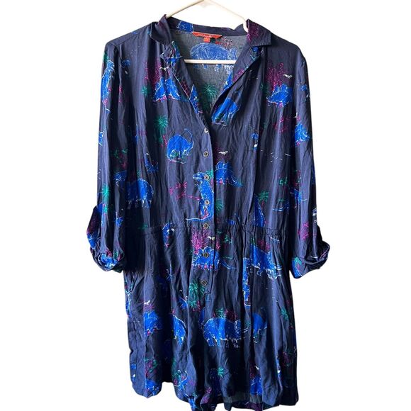 MODCLOTH Dinosaur Print Button Up Romper Shorts Women Large Blue Roll Tab Sleeve - Picture 1 of 13